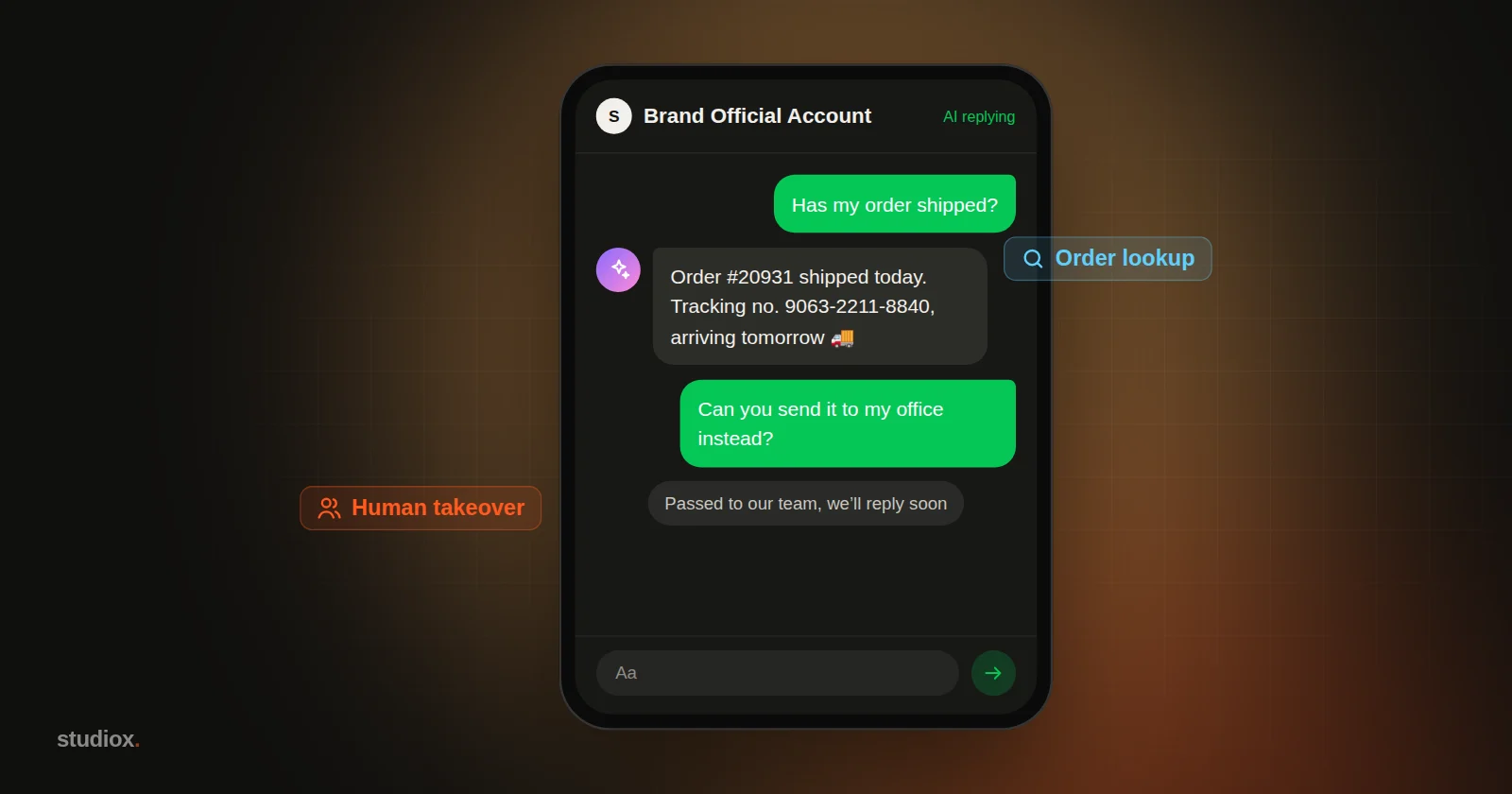 A LINE chat on a phone: an AI assistant replies with the order's shipping status and tracking number, then a notice says the chat has been passed to the team, with 'Order lookup' and 'Human takeover' tags beside the phone